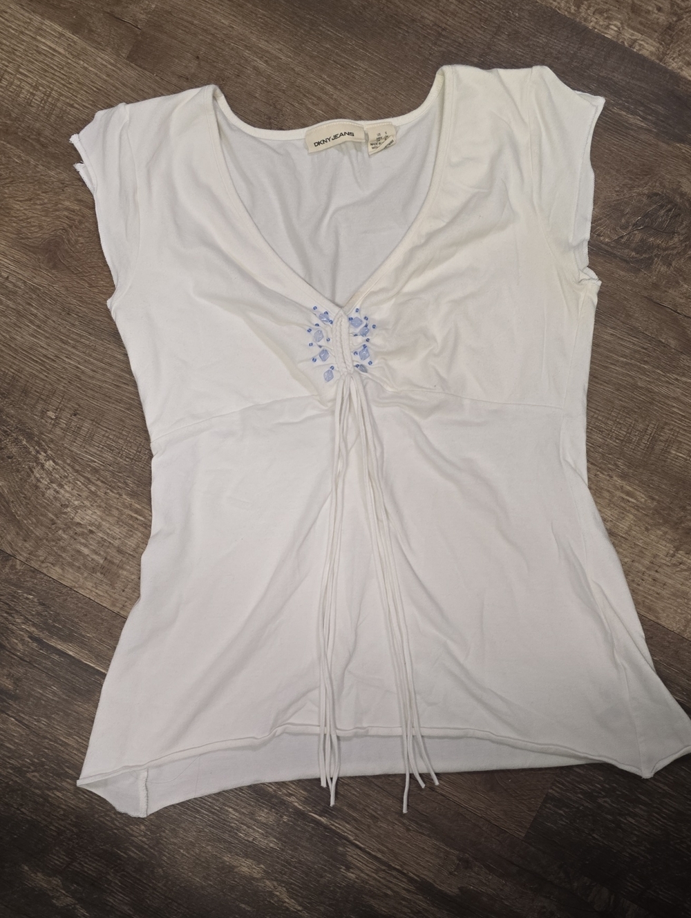 Like-new DKNY White V-Neck Tie-Front Top with Blue Embroidery